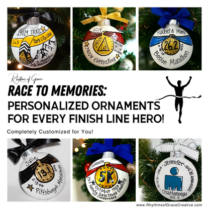 Race to Memories: Personalized Ornaments for Every Finish Line Hero!  Perfect for Marathoners, 5K Sprinters, & Trailblazing Champions!