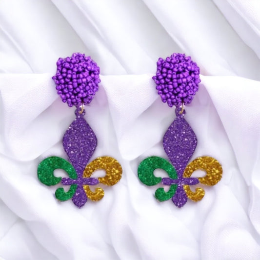 Mardi Gras Magic: Dazzling Beaded Fleur de Lis Dangle Earrings! - Rhythms of Grace Creative