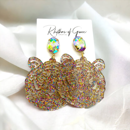 Purple and Gold Tiger Earrings - Tigers Earrings, Purple and Gold, Handmade Earrings, Tiger Earrings, Tiger Jewelry, Louisiana Football - Rhythms of Grace Creative