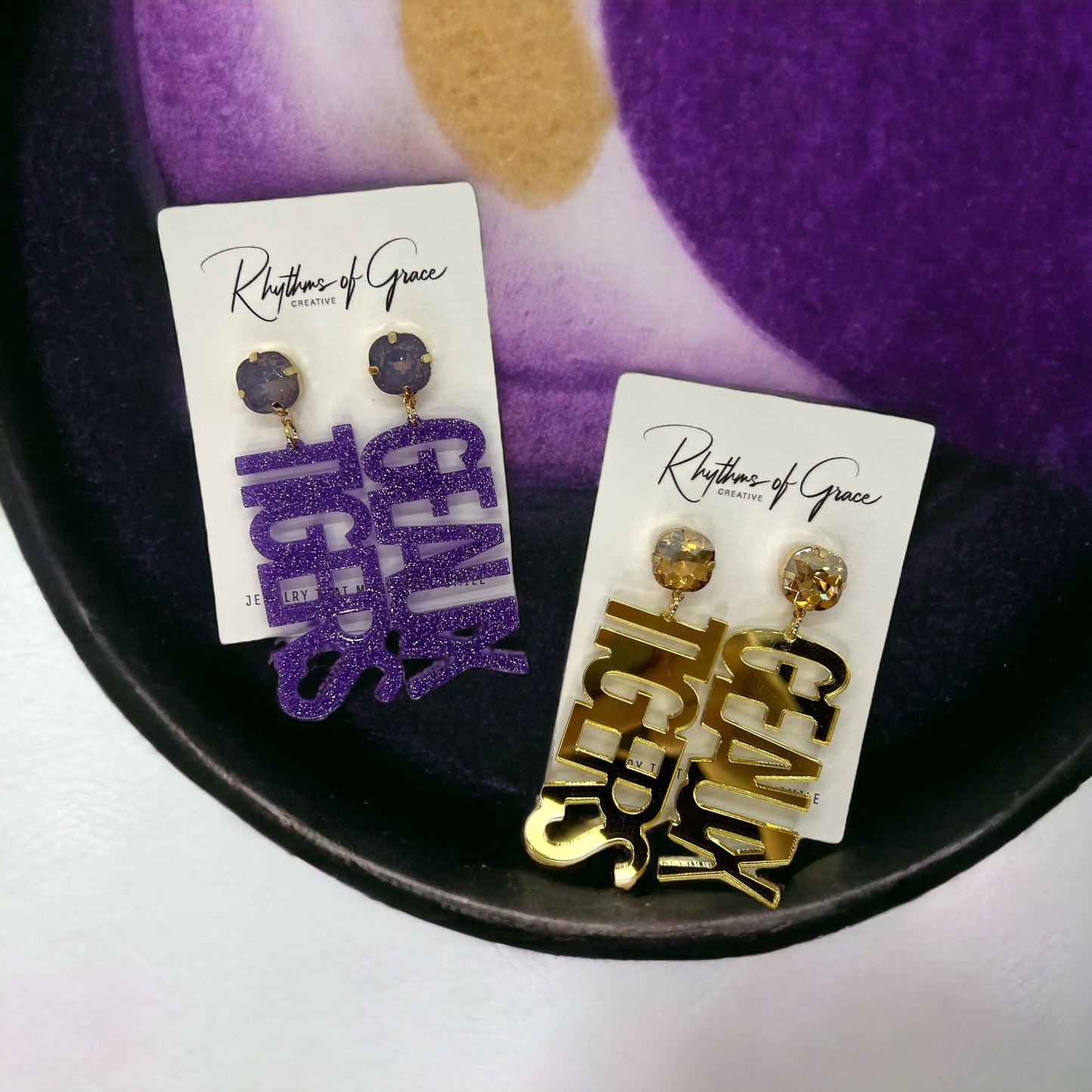 Geaux Tigers Earrings - Tiger Earrings, College Football Earrings, Handmade Jewelry, Purple and Gold, Football, Handmade Earrings, Louisiana - Rhythms of Grace Creative