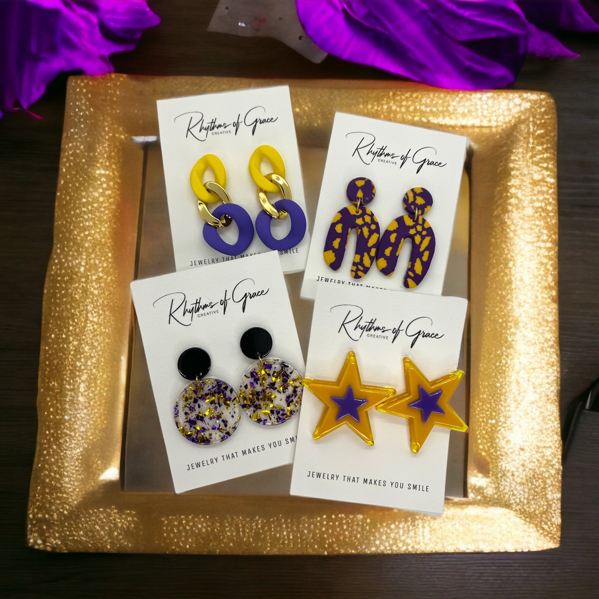 Purple and Gold Earrings - Purple Gold, Louisiana Football, Handmade Earrings, Purple and Gold Jewelry, Purple Earrings, Geode Gift, Tiger - Rhythms of Grace Creative
