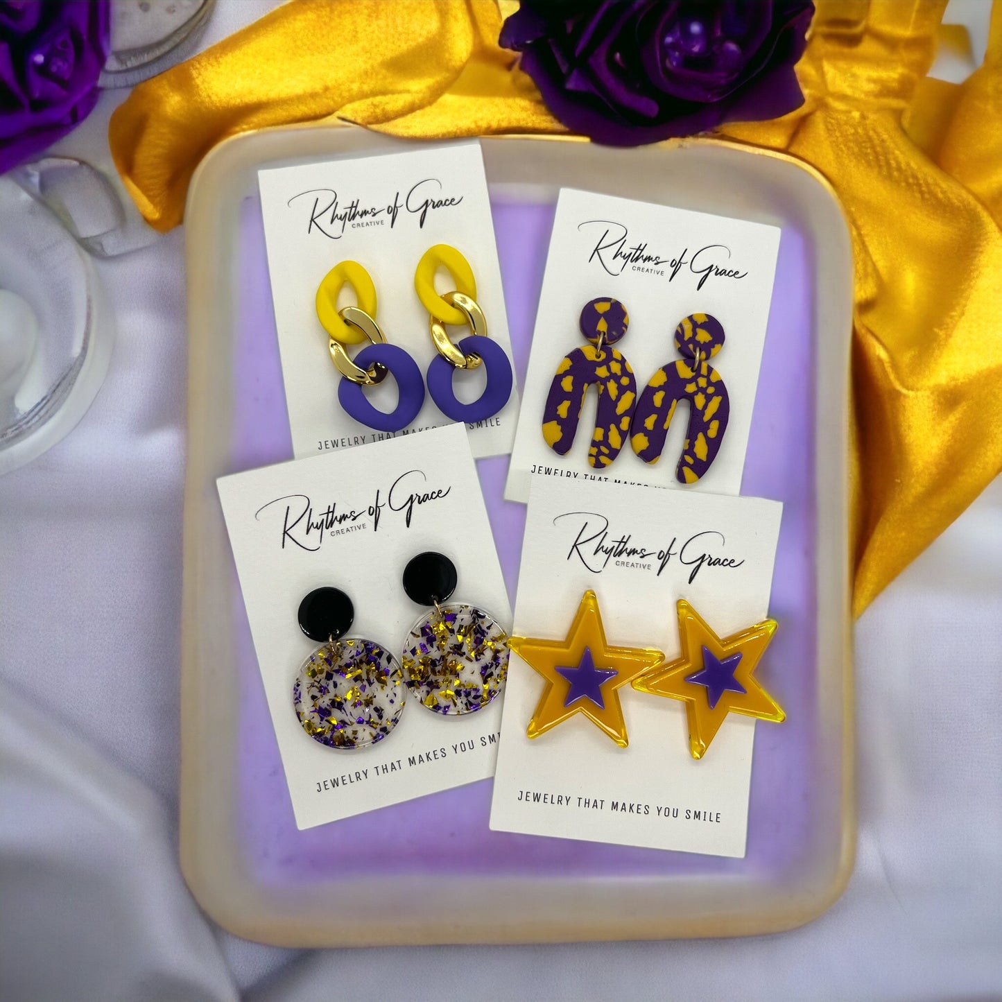 Purple and Gold Earrings - Purple Gold, Louisiana Football, Handmade Earrings, Purple and Gold Jewelry, Purple Earrings, Geode Gift, Tiger - Rhythms of Grace Creative