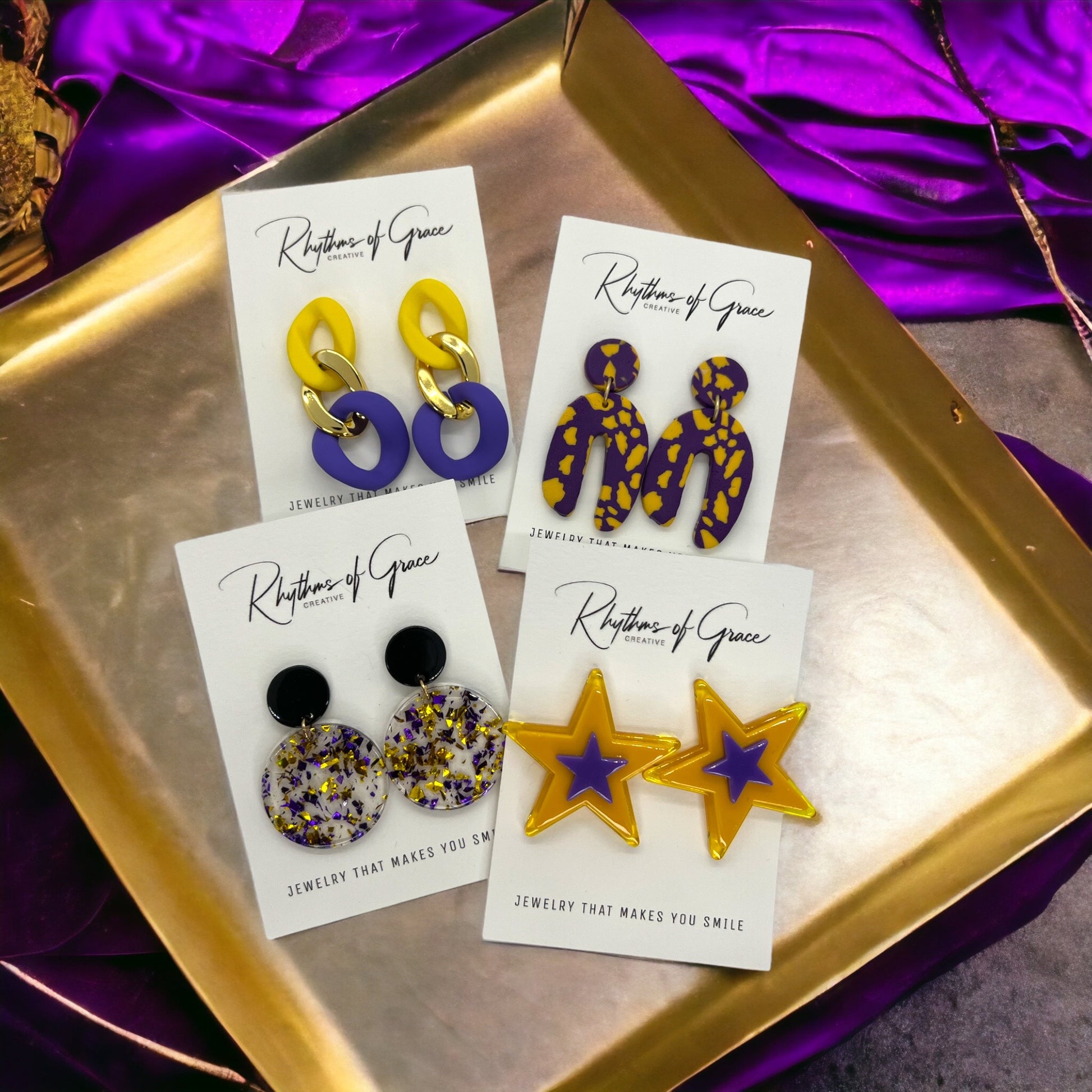 Purple and Gold Earrings - Purple Gold, Louisiana Football, Handmade Earrings, Purple and Gold Jewelry, Purple Earrings, Geode Gift, Tiger - Rhythms of Grace Creative