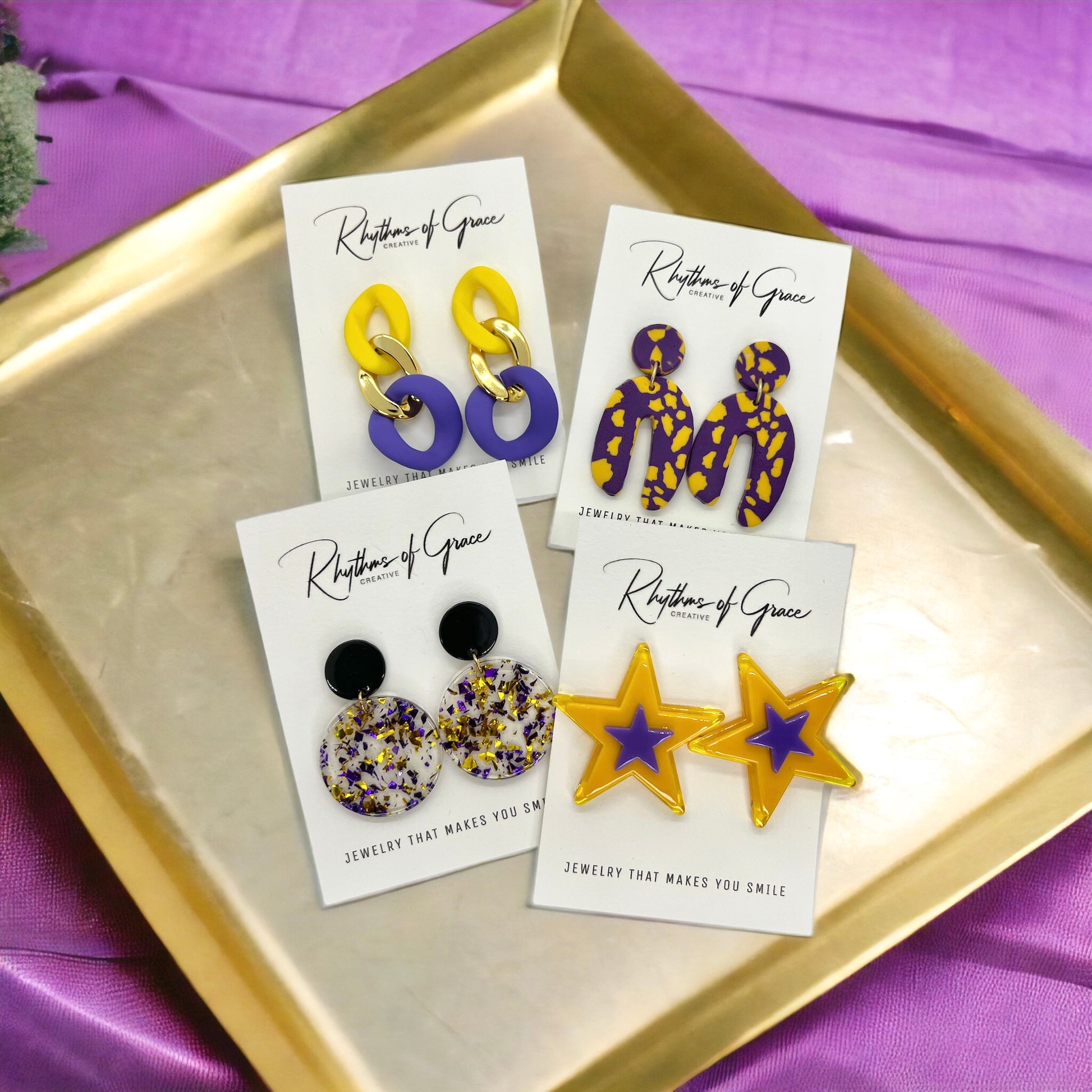 Purple and Gold Earrings - Purple Gold, Louisiana Football, Handmade Earrings, Purple and Gold Jewelry, Purple Earrings, Geode Gift, Tiger - Rhythms of Grace Creative