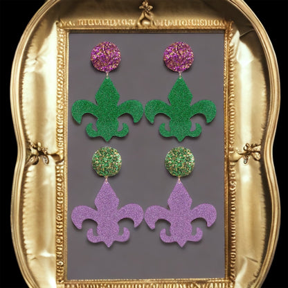 Mardi Gras Oversized Statement Earrings - Glitter Fleur-de-Lis Elegance - Rhythms of Grace Creative