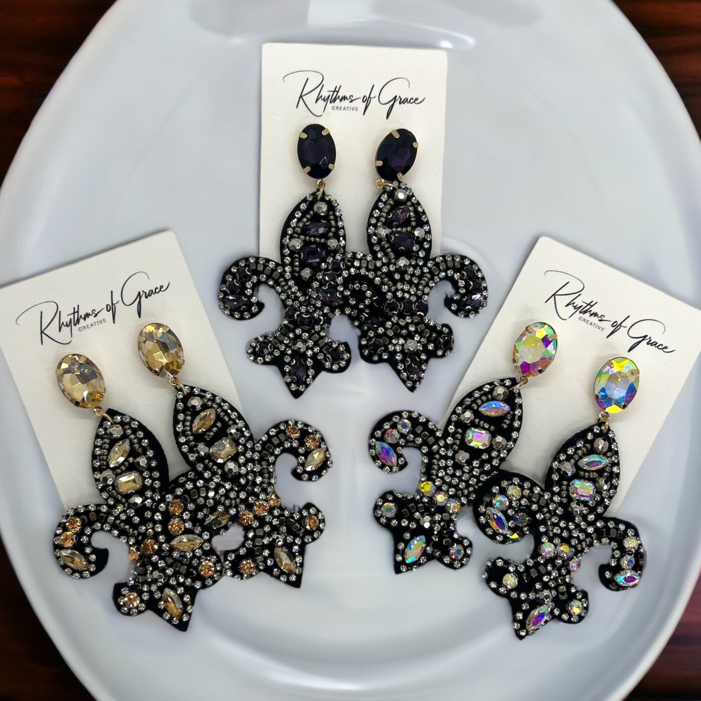 Fleur de lis Earrings - Rhinestone Earrings, Handmade Jewelry, Black and Gold, Who Dat, New Orleans Saints, NOLA Saints, Handmade Earrings - Rhythms of Grace Creative