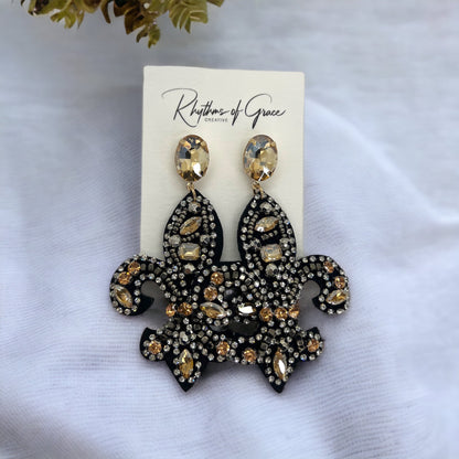 Fleur de lis Earrings - Rhinestone Earrings, Handmade Jewelry, Black and Gold, Who Dat, New Orleans Saints, NOLA Saints, Handmade Earrings - Rhythms of Grace Creative