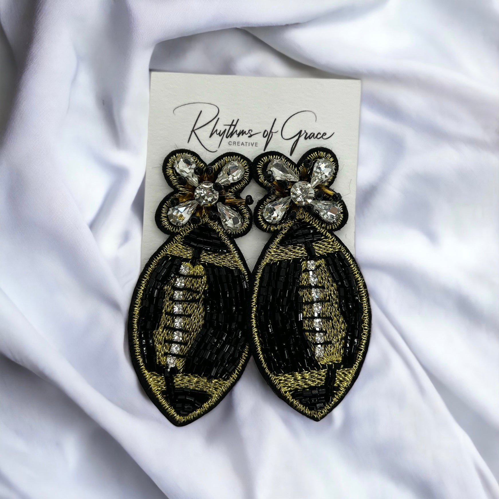 Beaded Football Earrings - Who Dat Nation, NOLA Saints, New Orleans Saints, Black and Gold, Fleur de lis, Beaded Earrings, NOLA Jewelry - Rhythms of Grace Creative
