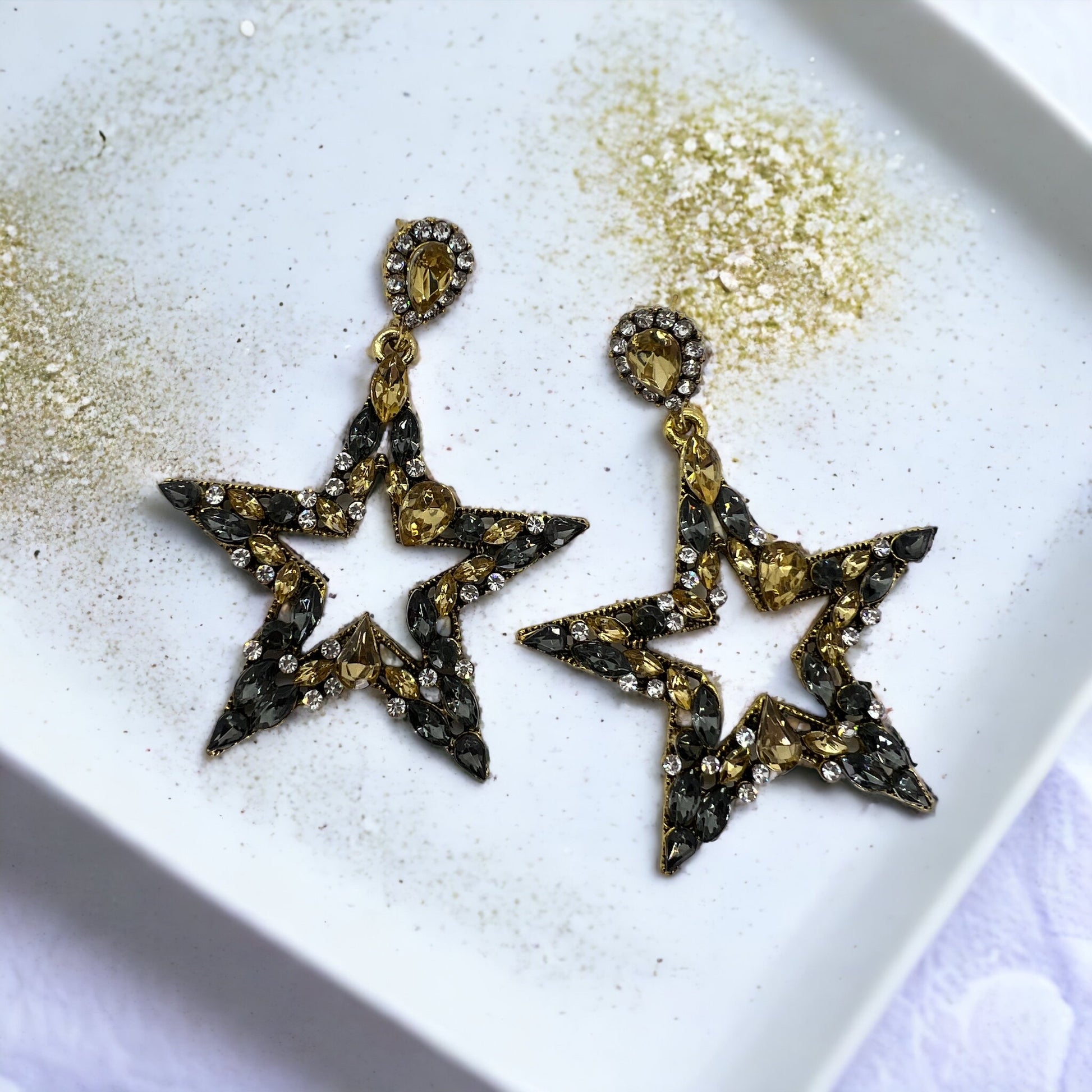 Starry Chic: Dazzling Black & Gold Rhinestone Earrings! - Rhythms of Grace Creative