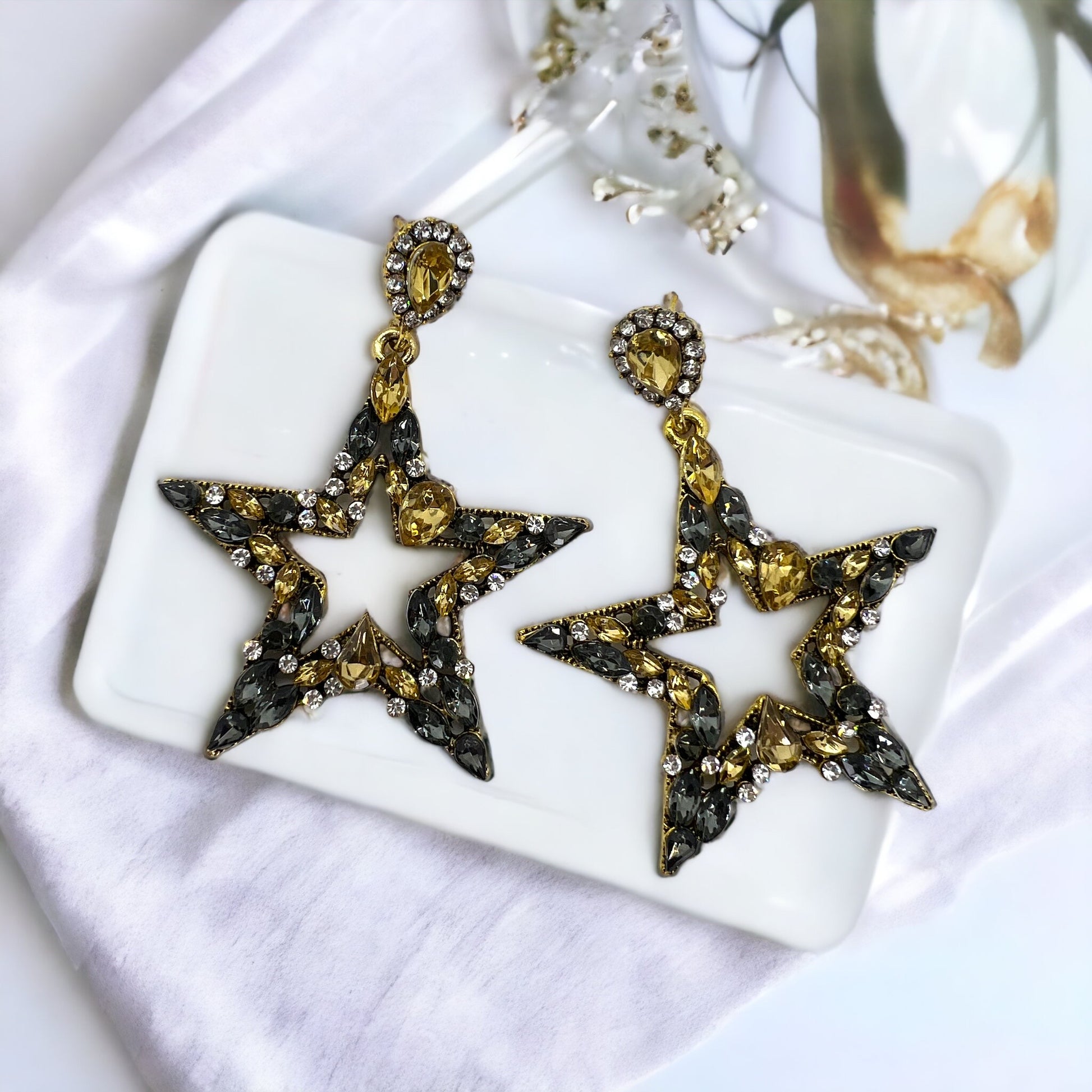 Starry Chic: Dazzling Black & Gold Rhinestone Earrings! - Rhythms of Grace Creative