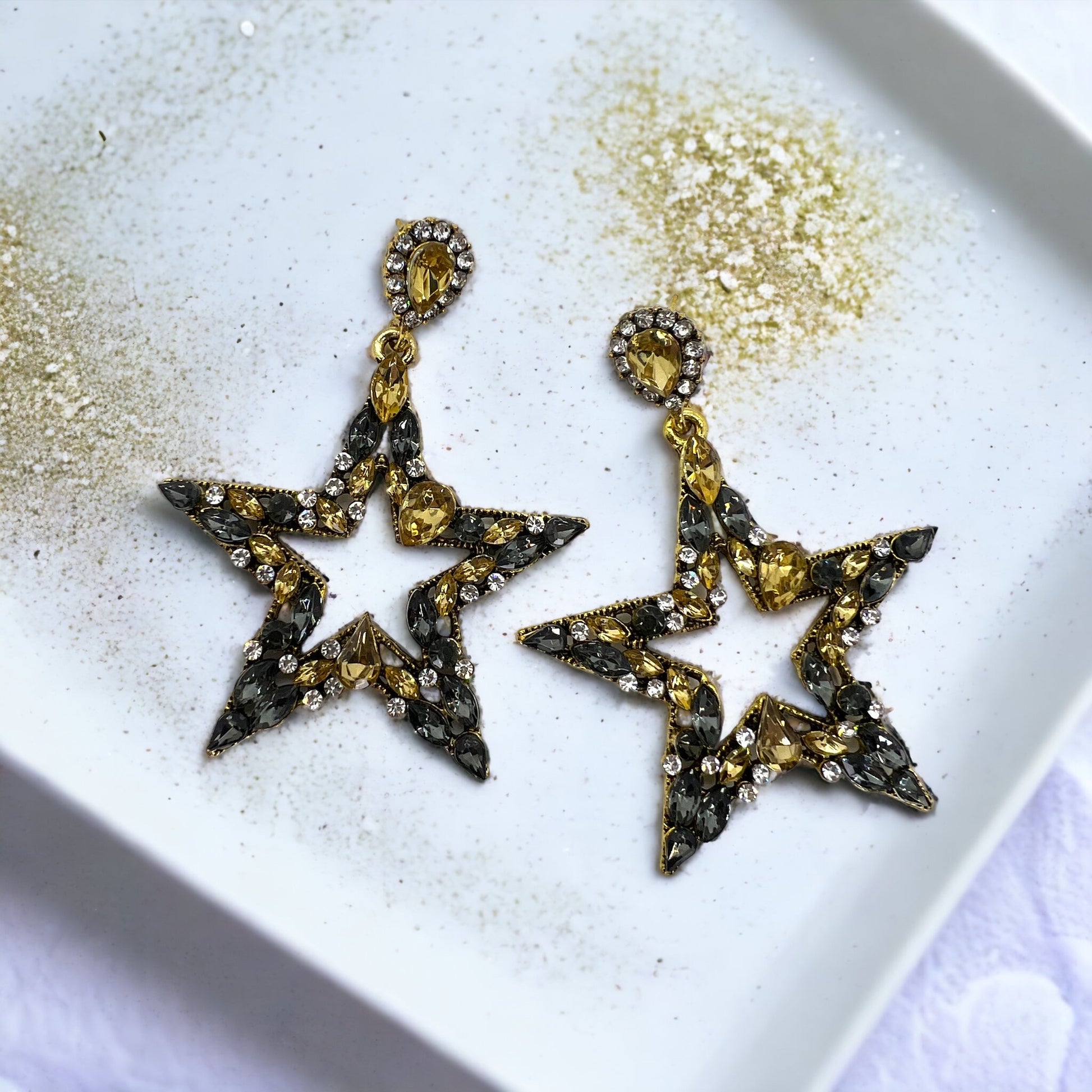 Starry Chic: Dazzling Black & Gold Rhinestone Earrings! - Rhythms of Grace Creative