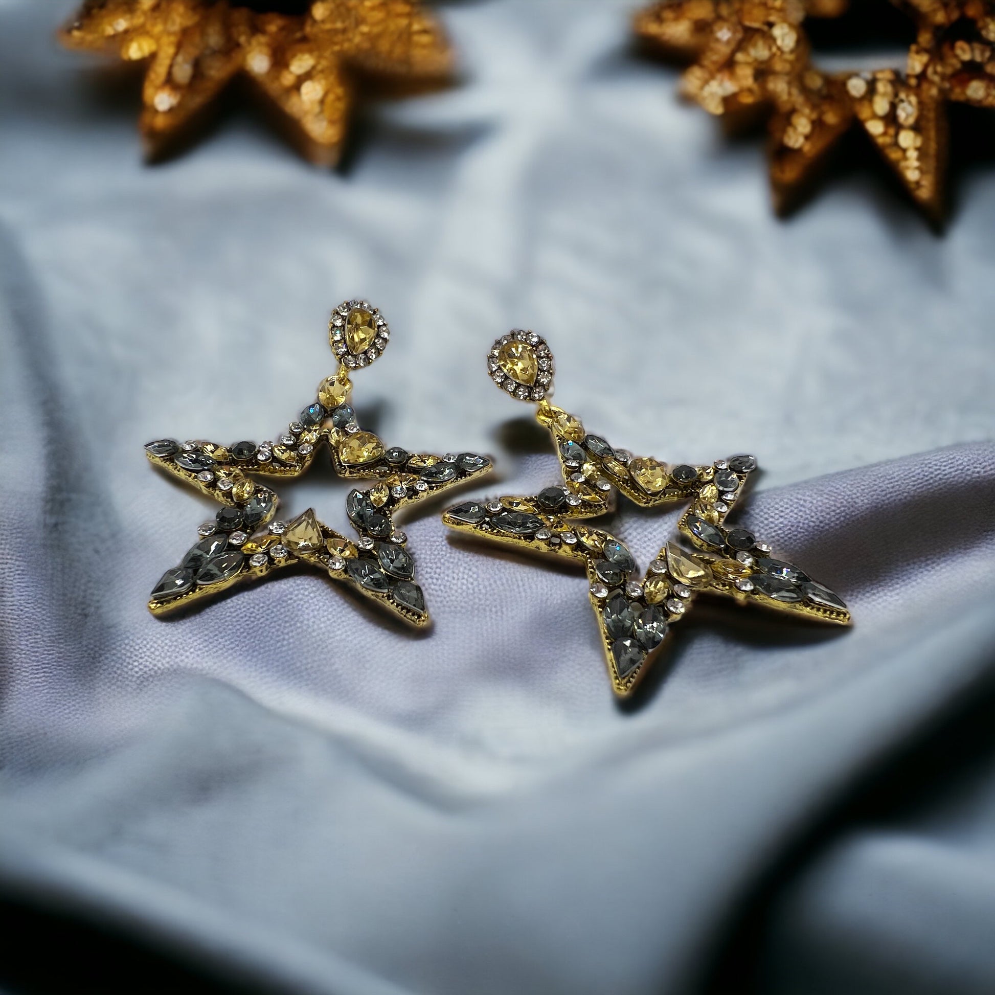 Starry Chic: Dazzling Black & Gold Rhinestone Earrings! - Rhythms of Grace Creative