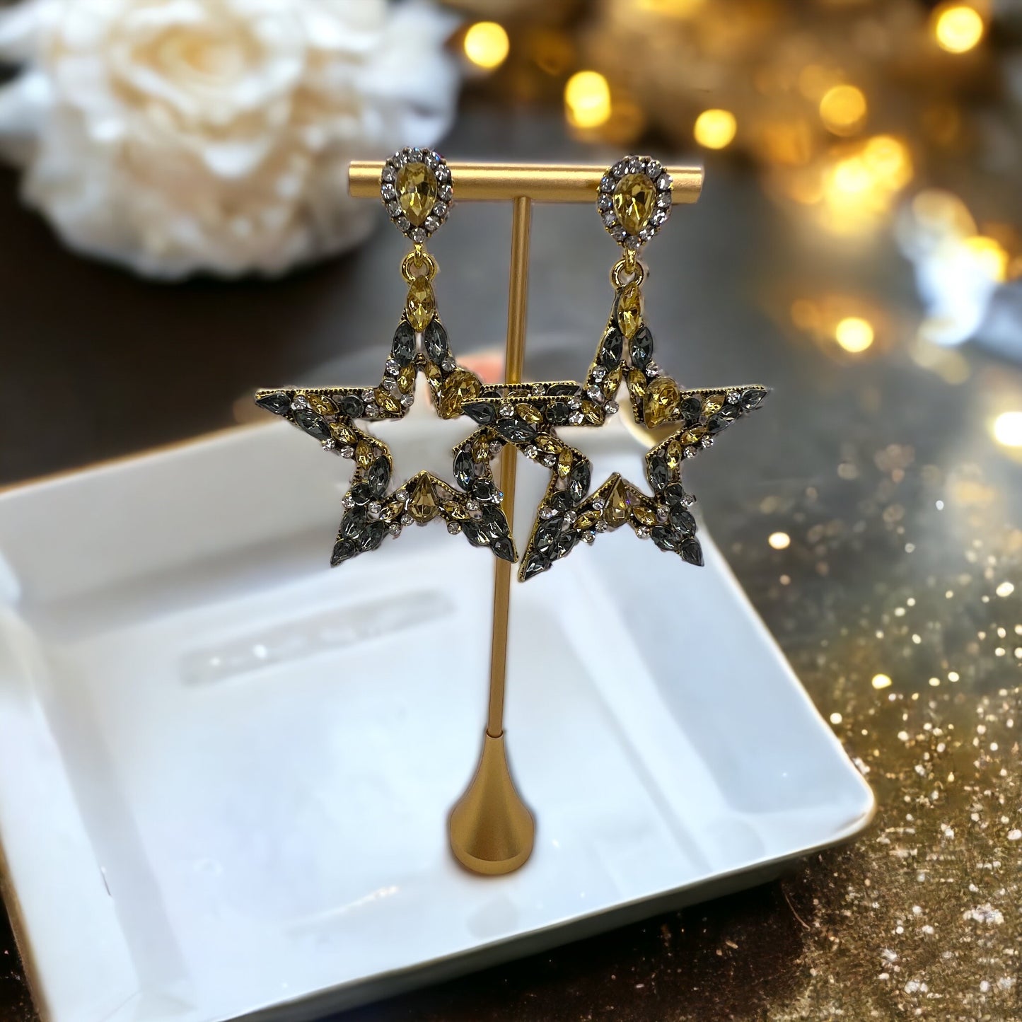 Starry Chic: Dazzling Black & Gold Rhinestone Earrings! - Rhythms of Grace Creative