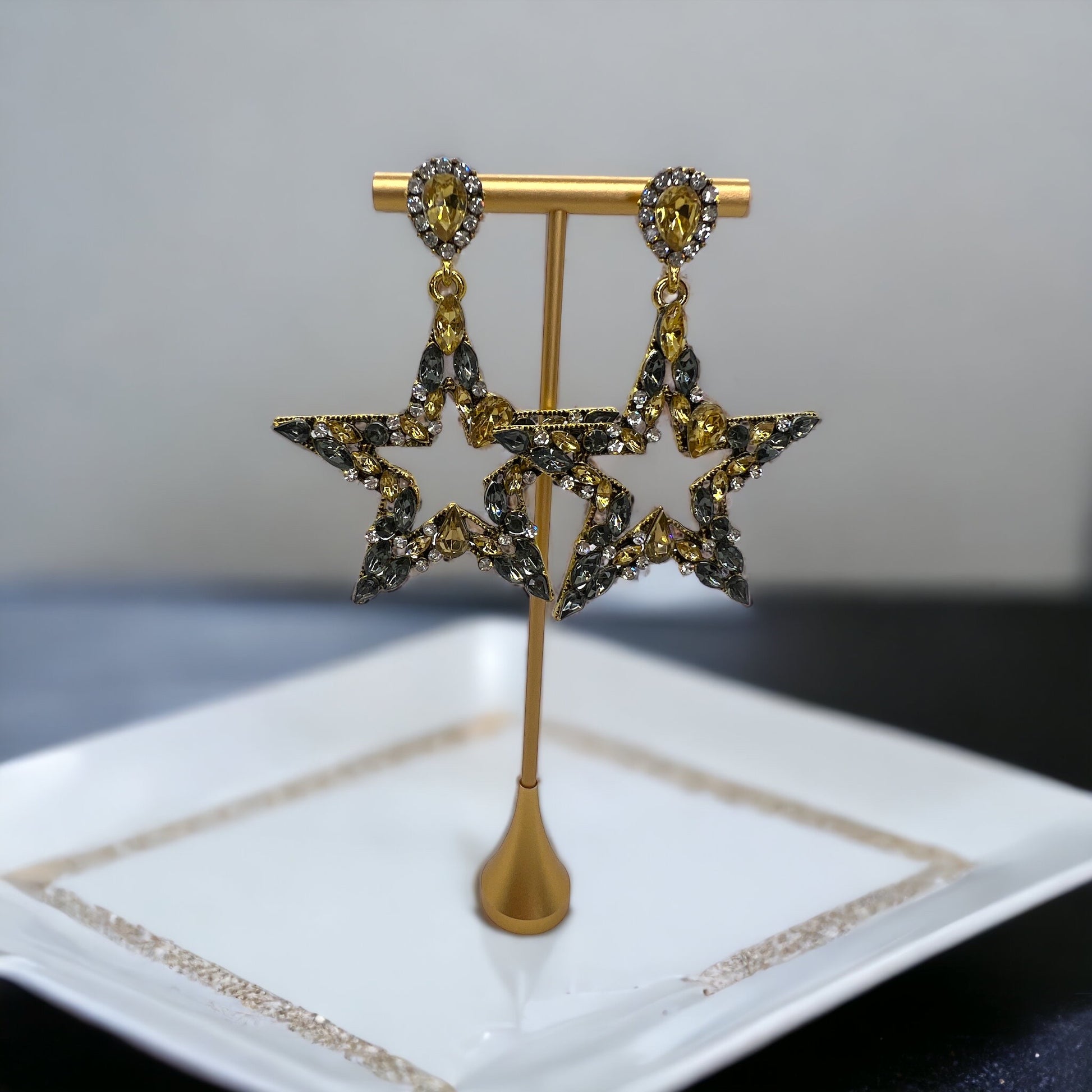Starry Chic: Dazzling Black & Gold Rhinestone Earrings! - Rhythms of Grace Creative