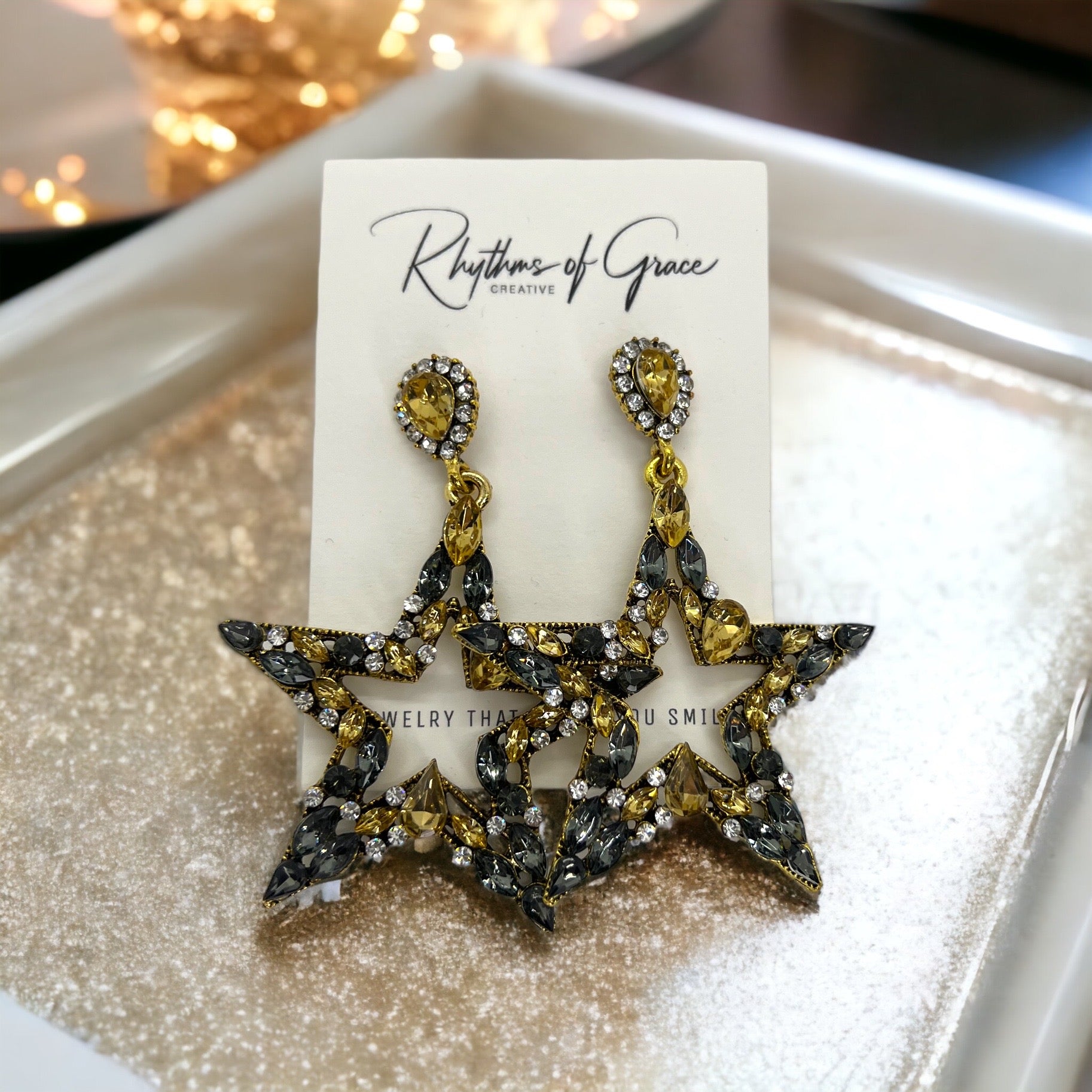Starry Chic: Dazzling Black & Gold Rhinestone Earrings! - Rhythms of Grace Creative