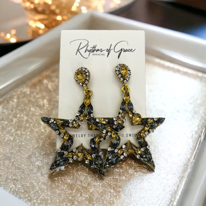 Starry Chic: Dazzling Black & Gold Rhinestone Earrings! - Rhythms of Grace Creative