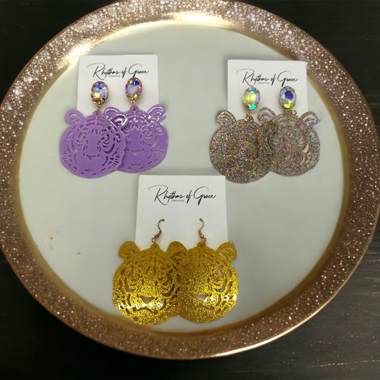 Purple and Gold Tiger Earrings - Tigers Earrings, Purple and Gold, Handmade Earrings, Tiger Earrings, Tiger Jewelry, Louisiana Football - Rhythms of Grace Creative