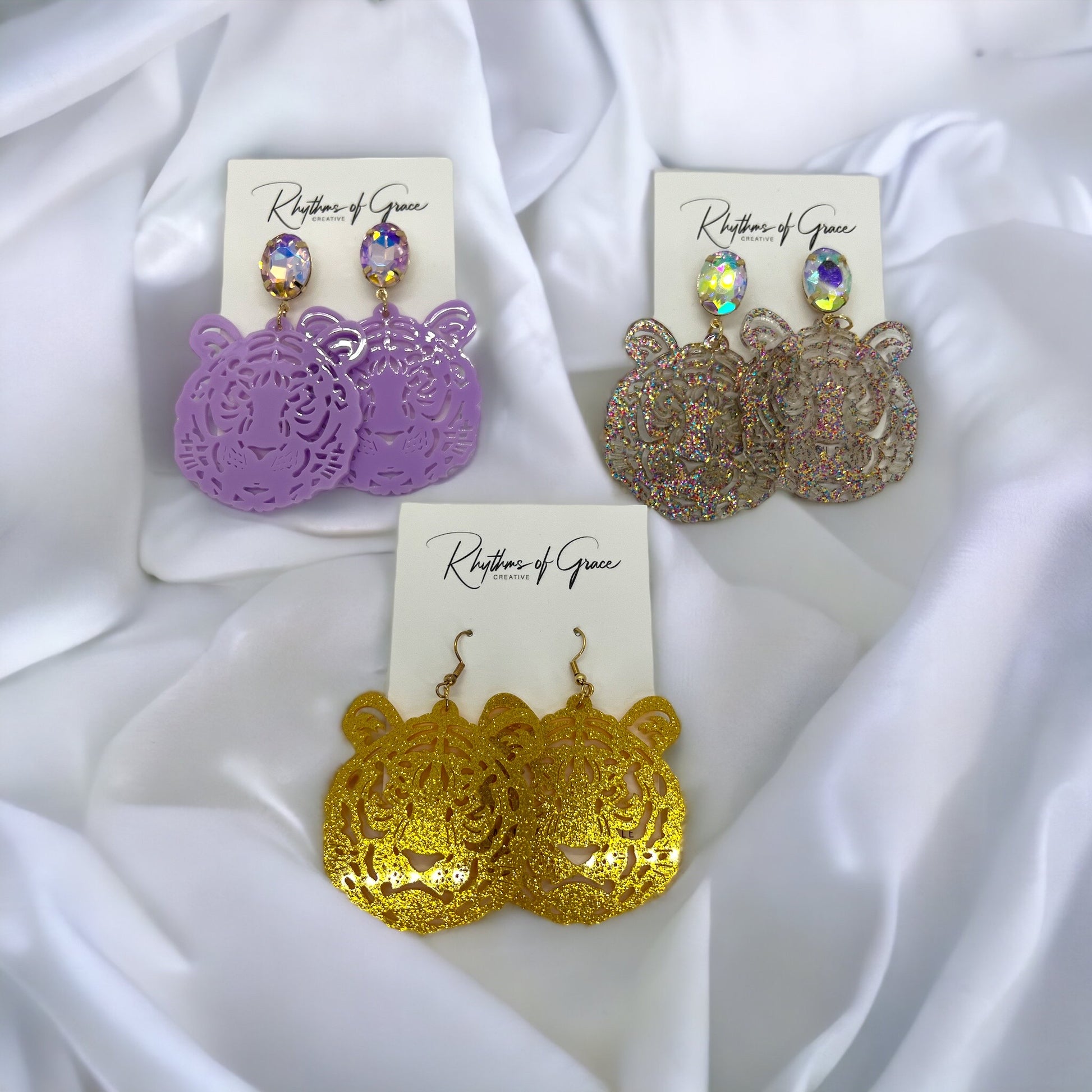 Purple and Gold Tiger Earrings - Tigers Earrings, Purple and Gold, Handmade Earrings, Tiger Earrings, Tiger Jewelry, Louisiana Football - Rhythms of Grace Creative