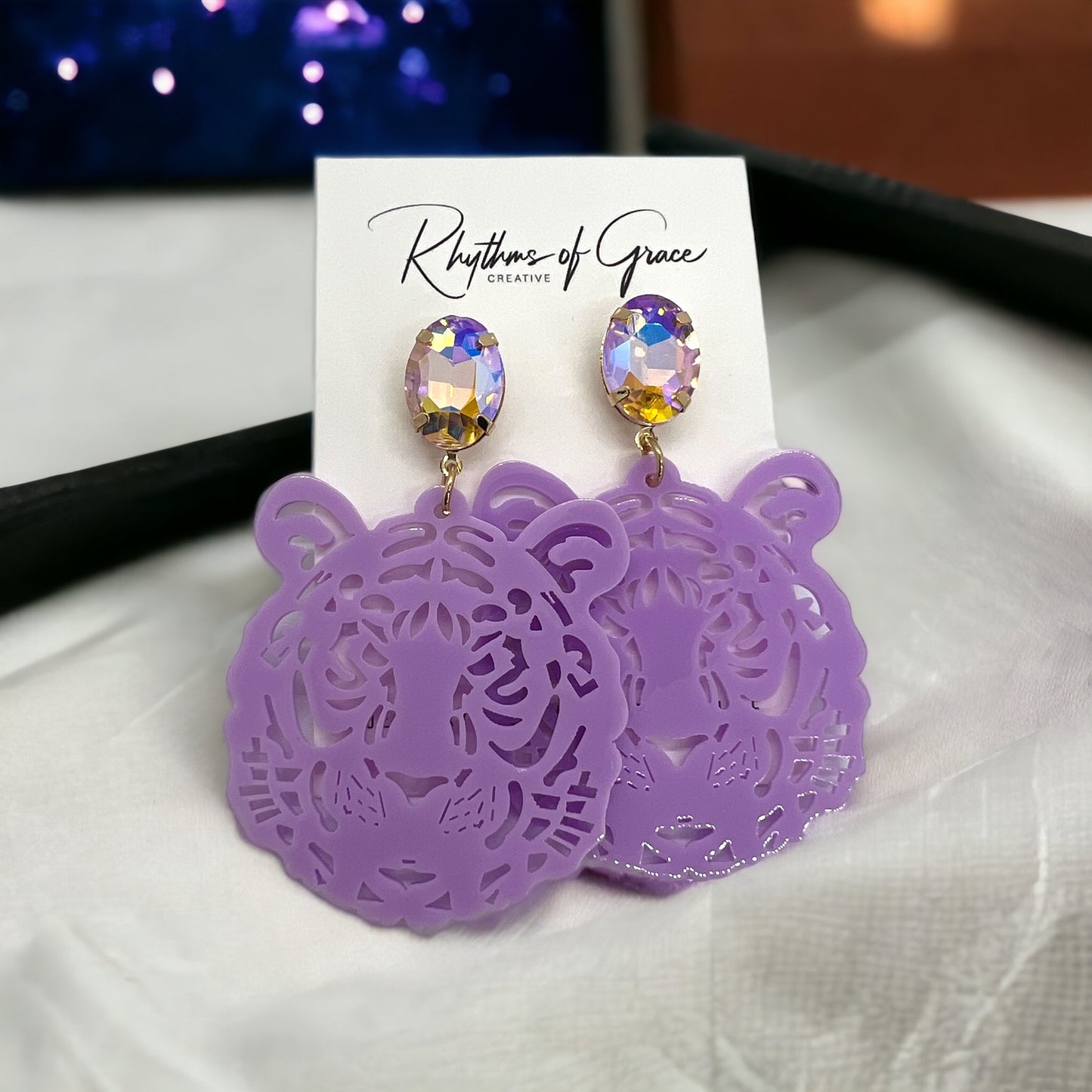 Purple and Gold Tiger Earrings - Tigers Earrings, Purple and Gold, Handmade Earrings, Tiger Earrings, Tiger Jewelry, Louisiana Football - Rhythms of Grace Creative