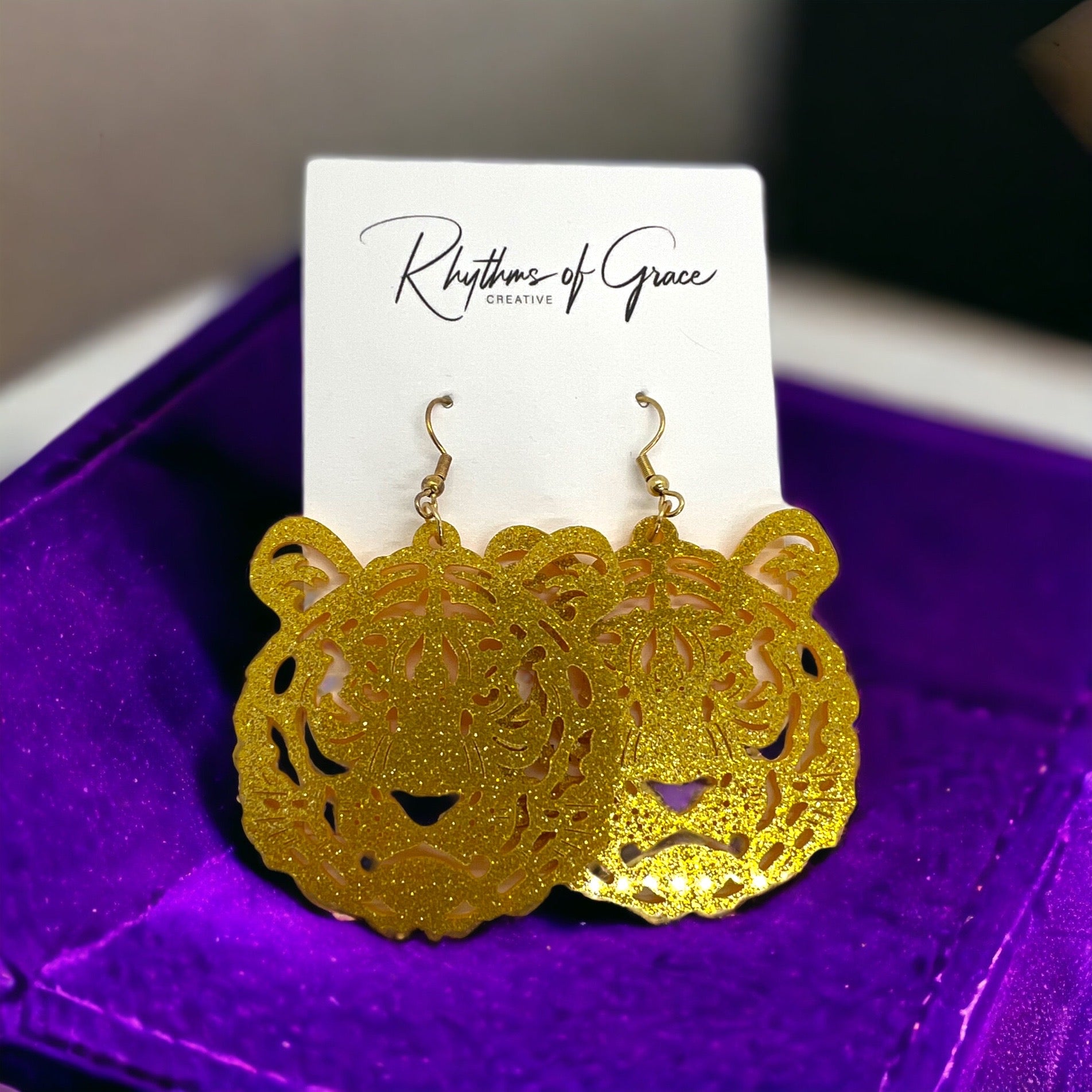 Purple and Gold Tiger Earrings - Tigers Earrings, Purple and Gold, Handmade Earrings, Tiger Earrings, Tiger Jewelry, Louisiana Football - Rhythms of Grace Creative
