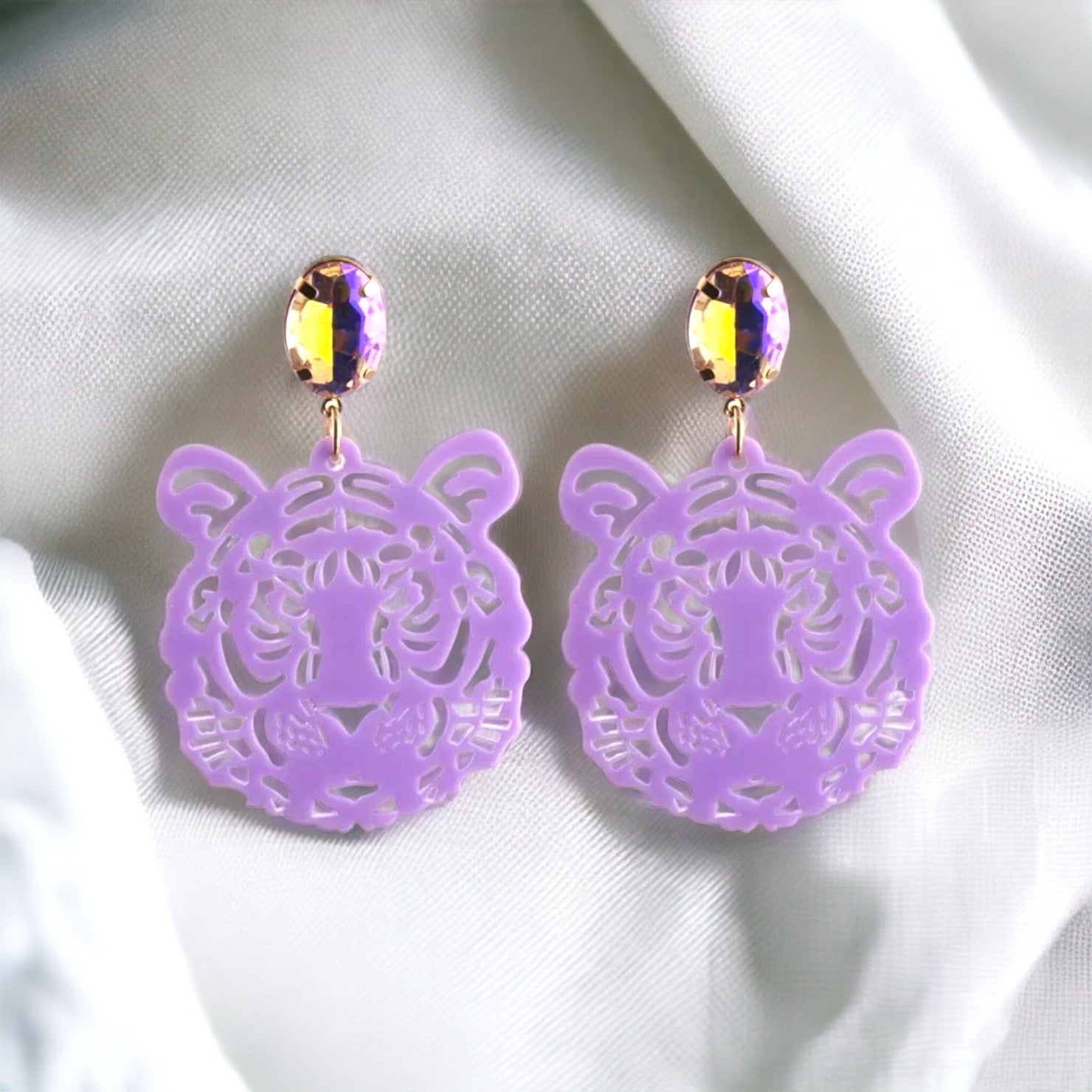 Purple and Gold Tiger Earrings - Tigers Earrings, Purple and Gold, Handmade Earrings, Tiger Earrings, Tiger Jewelry, Louisiana Football - Rhythms of Grace Creative