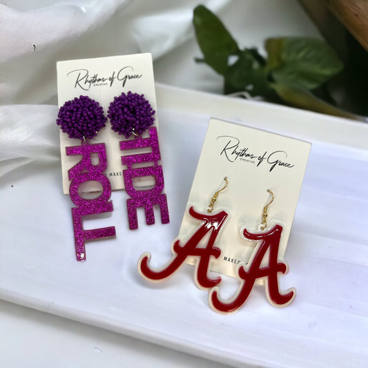 Roll Tide Earrings - Alabama Earrinhs, Alabama Football, Roll Tide, Crimson and White, Beaded Earrings, Letter Earrings, Red and White - Rhythms of Grace Creative