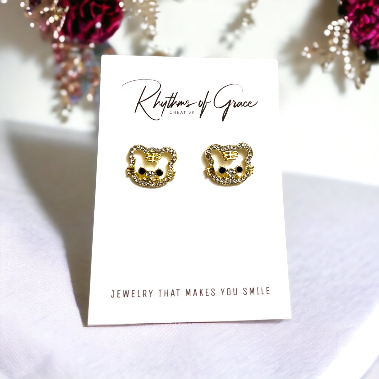 Rhinestone Tiger Earrings - Handmade Earrings, Tiger Studs, Tiger Jewelry, Stud Earrings, Tiny Tigers, Tiger Accessories, Tiger Mom - Rhythms of Grace Creative