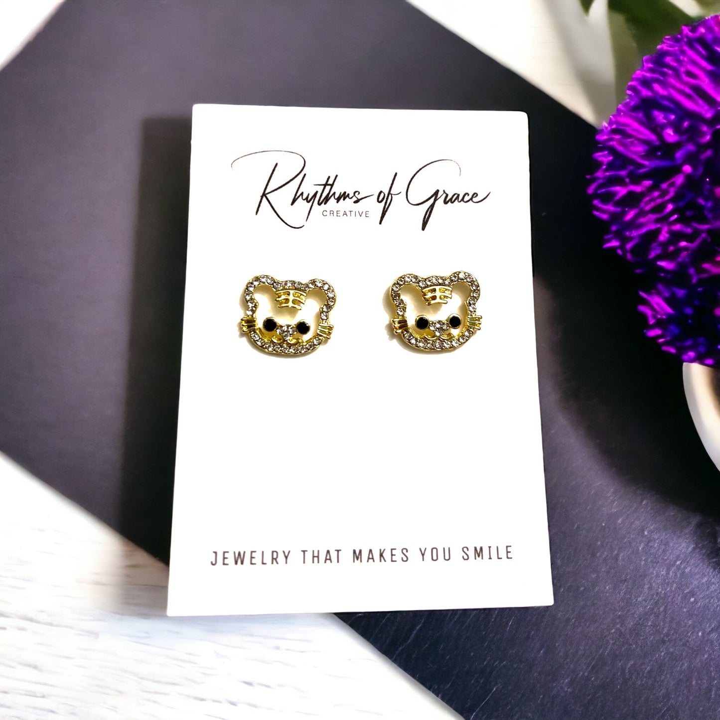 Rhinestone Tiger Earrings - Handmade Earrings, Tiger Studs, Tiger Jewelry, Stud Earrings, Tiny Tigers, Tiger Accessories, Tiger Mom - Rhythms of Grace Creative