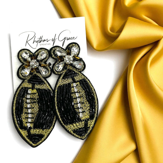 Beaded Football Earrings – Black & Gold NOLA Game Day Jewelry 🏈