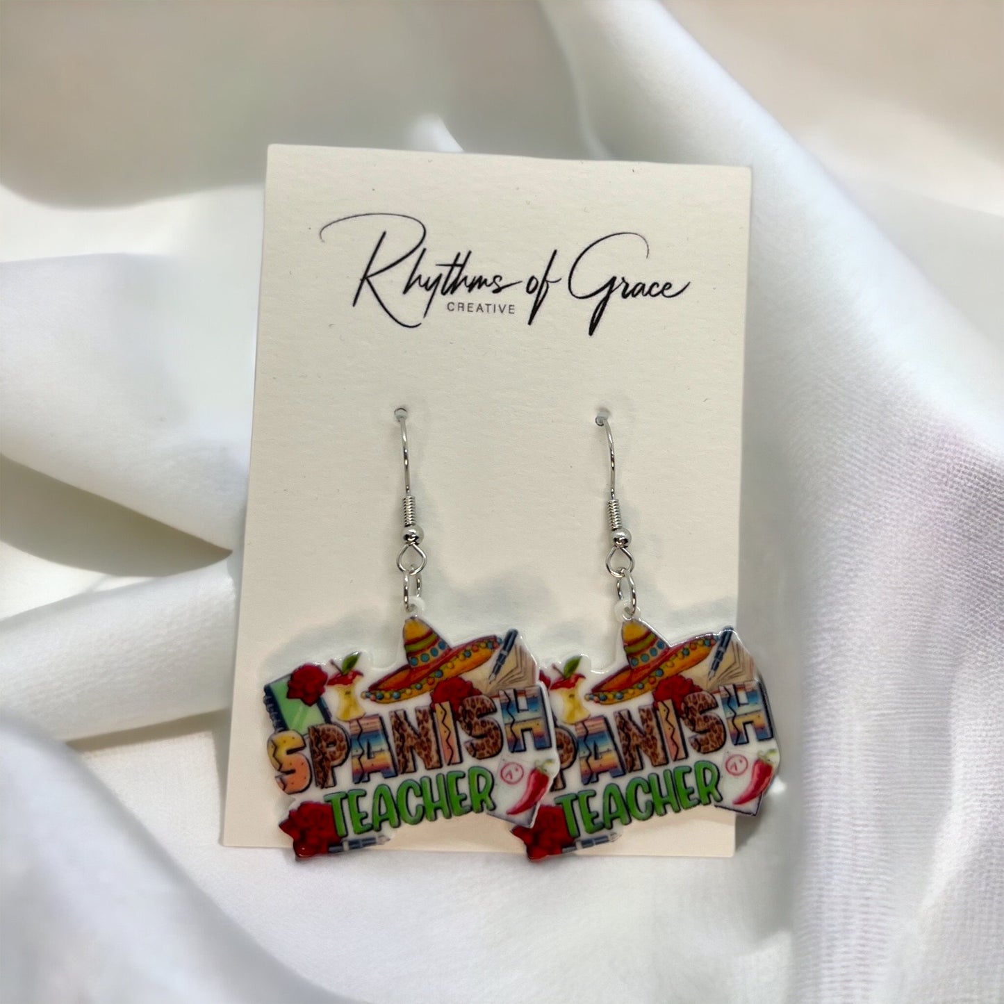 Spanish Teacher Earrings - Foreign Language Teacher - Rhythms of Grace Creative