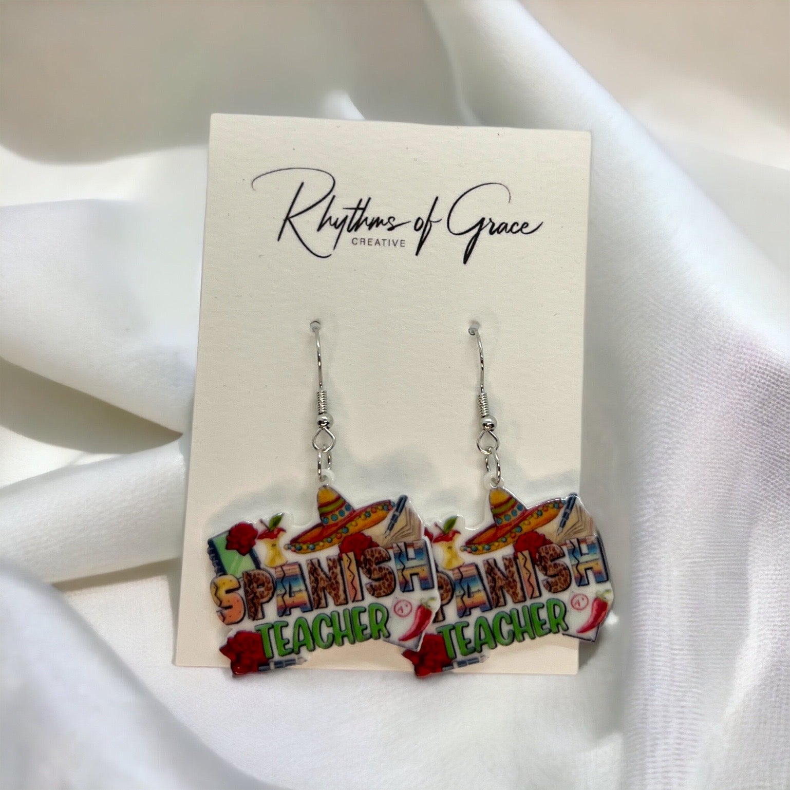Spanish Teacher Earrings - Foreign Language Teacher - Rhythms of Grace Creative