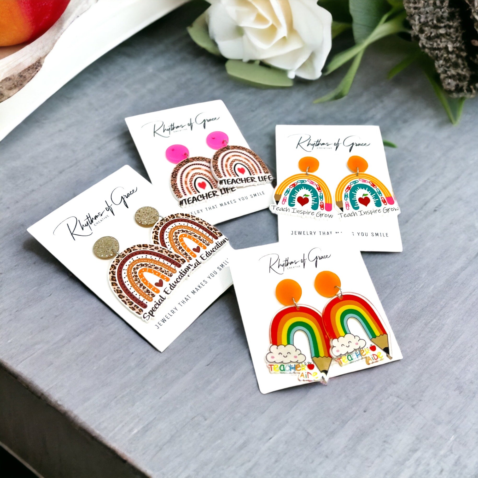 Rainbow Teacher Dangle Earrings - Brighten Up the Classroom! - Rhythms of Grace Creative