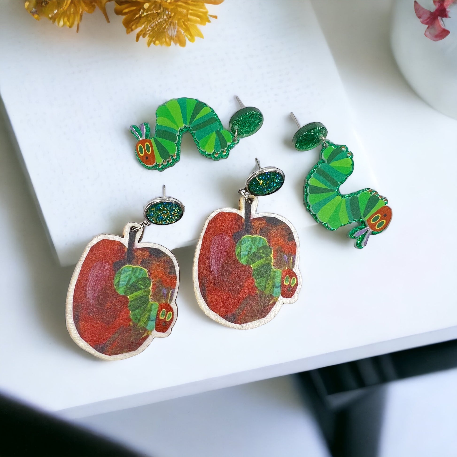 Chomp into Charm – Hungry Caterpillar Teacher Earrings - Rhythms of Grace Creative