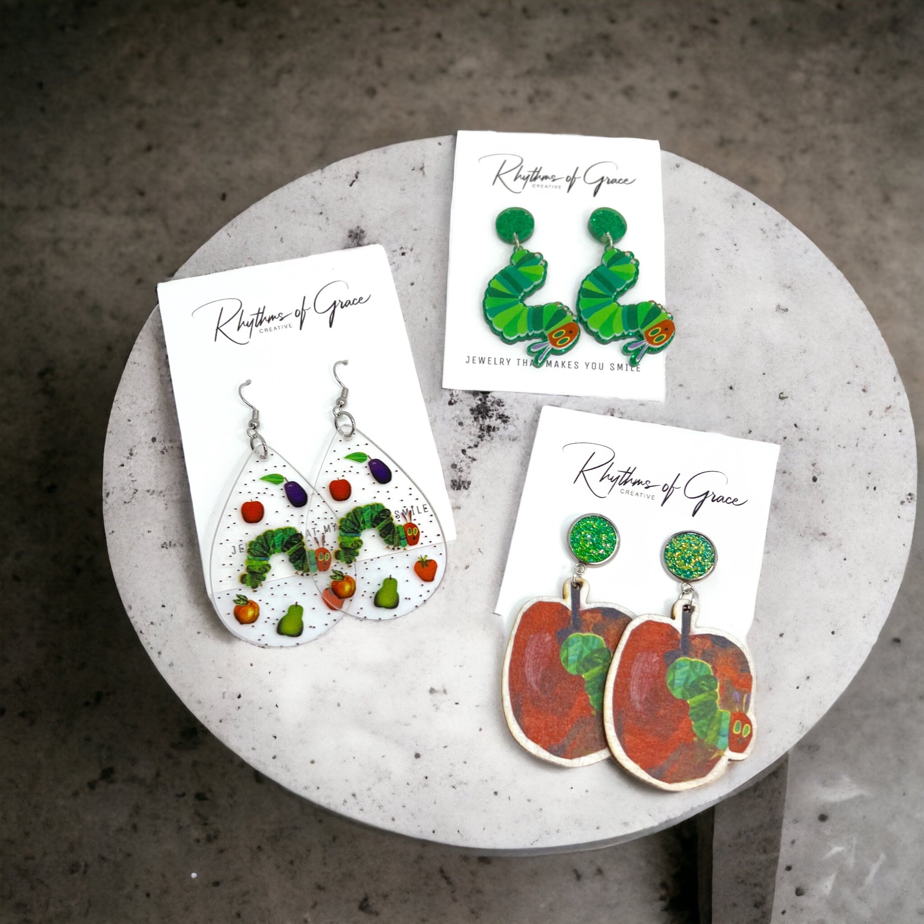 Chomp into Charm – Hungry Caterpillar Teacher Earrings - Rhythms of Grace Creative