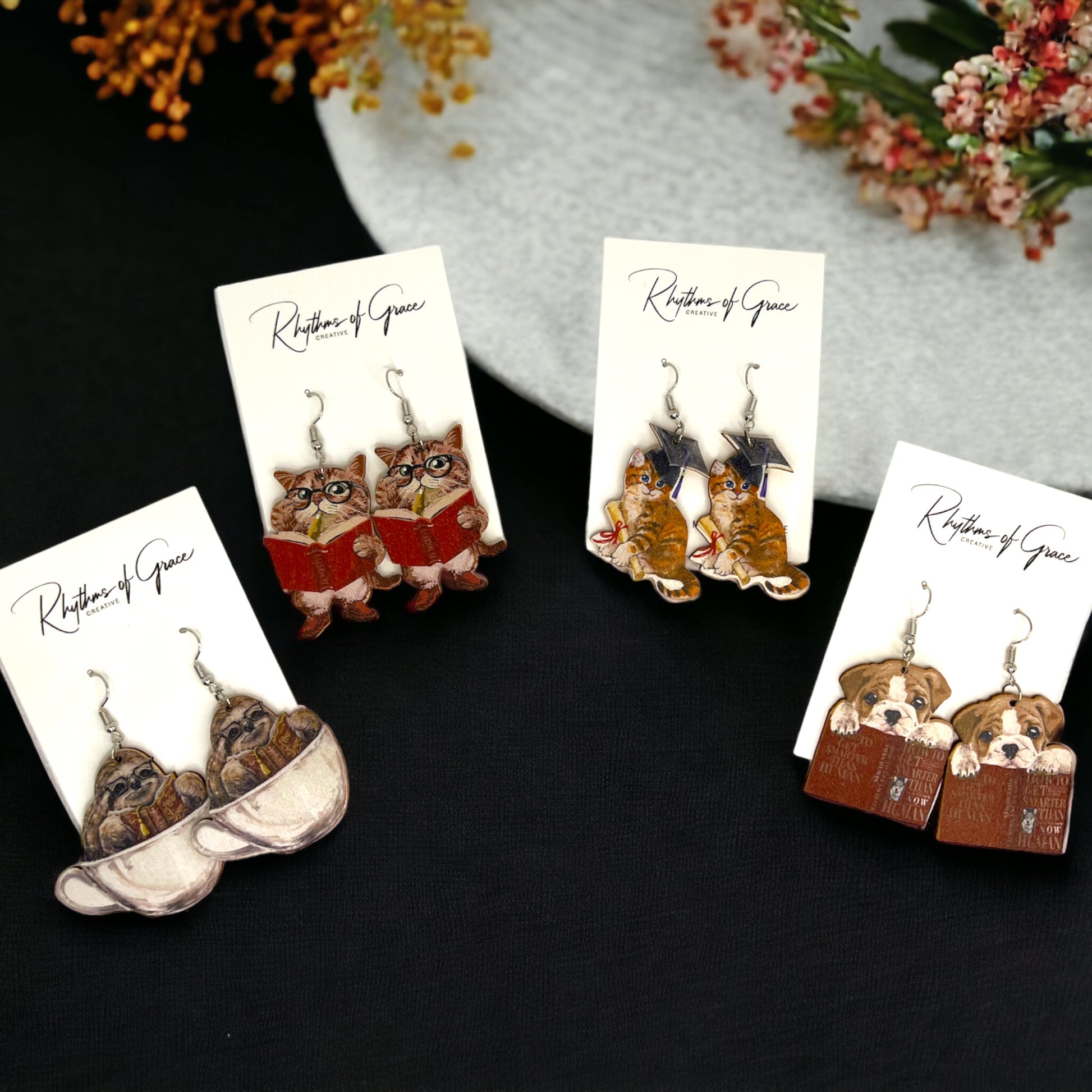 Back to School Animal Teacher Earrings – Cat, Dog, Sloth & Grad Designs | Fun Teacher Accessories - Rhythms of Grace Creative