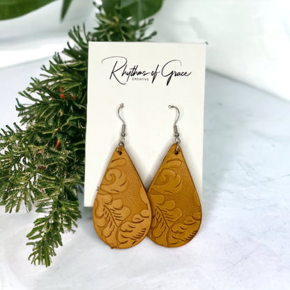 Embossed Leather Teardrop Earrings – Boho Beauty Meets Western Charm 🤎 - Rhythms of Grace Creative