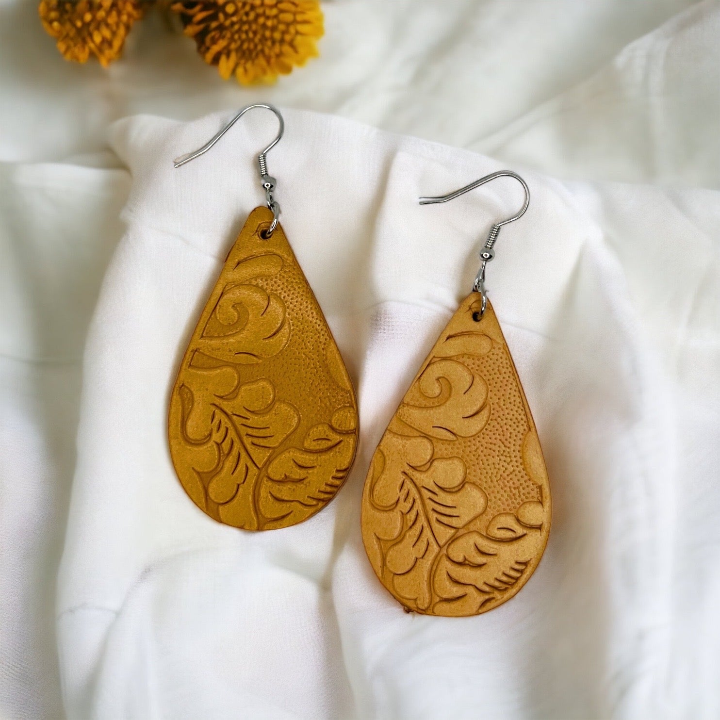 Embossed Leather Teardrop Earrings – Boho Beauty Meets Western Charm 🤎 - Rhythms of Grace Creative
