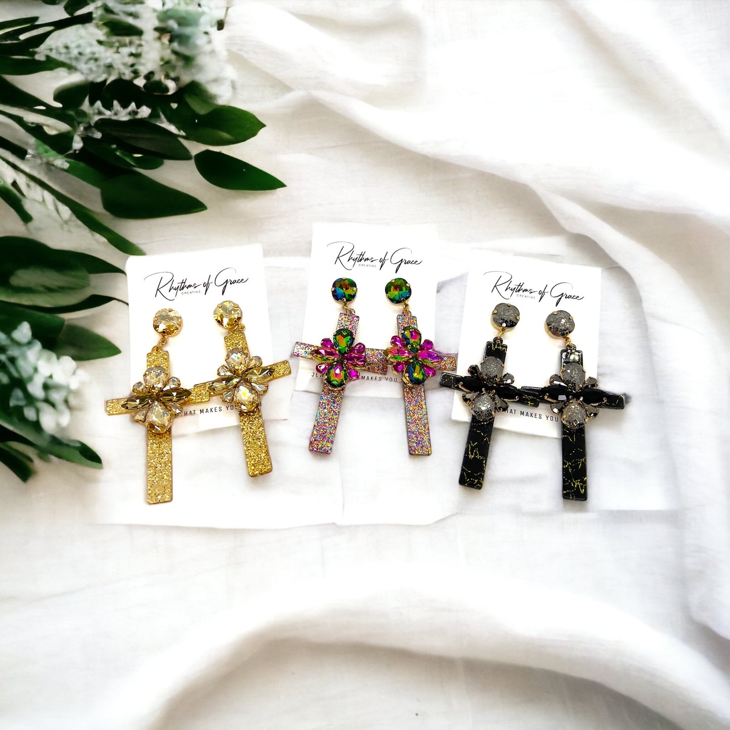 Shine with Faith – Boho Rhinestone Cross Earrings - Rhythms of Grace Creative