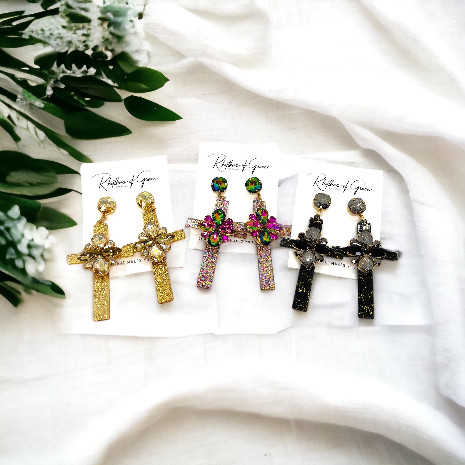 Shine with Faith – Boho Rhinestone Cross Earrings - Rhythms of Grace Creative