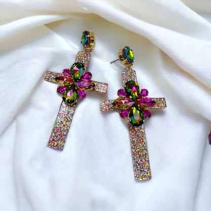 Shine with Faith – Boho Rhinestone Cross Earrings - Rhythms of Grace Creative