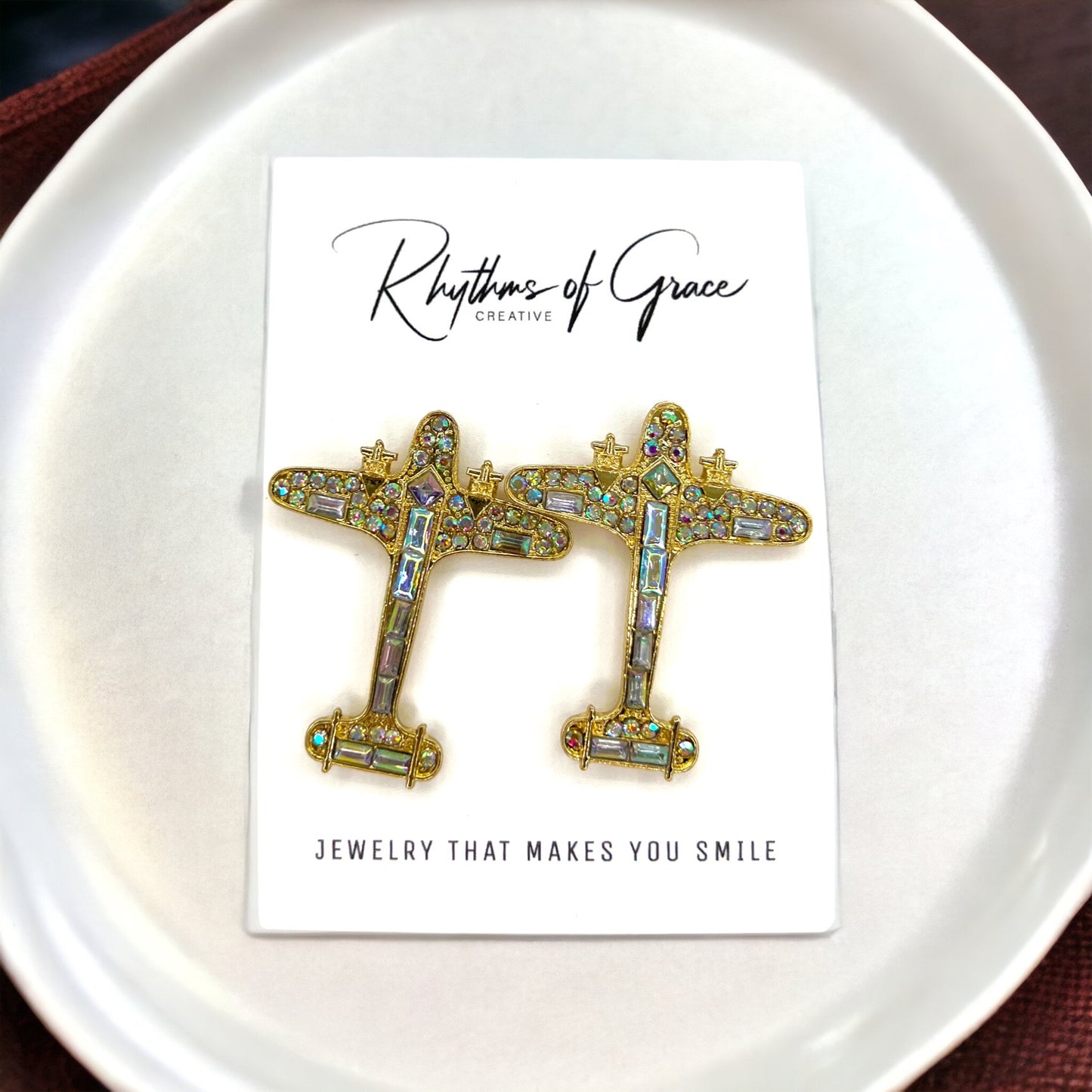 Jet, Set, Sparkle – Rhinestone Airplane Earrings for the Glam Globetrotter ✈️ - Rhythms of Grace Creative