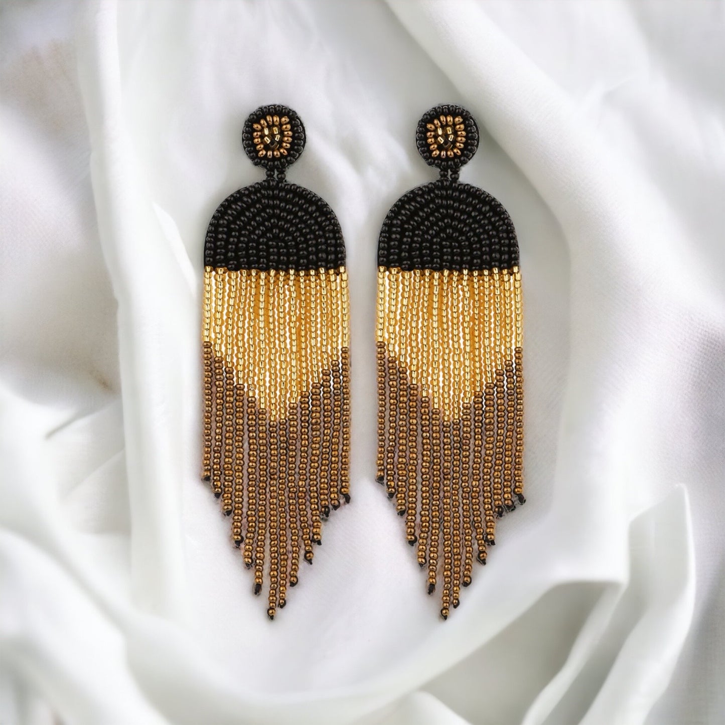 Black and Gold Beaded Boho Earrings - New Orleans, Saints Football, Black Gold, Beaded Earrings, Boho Accessories, NOLA Saints, Glass Beads - Rhythms of Grace Creative