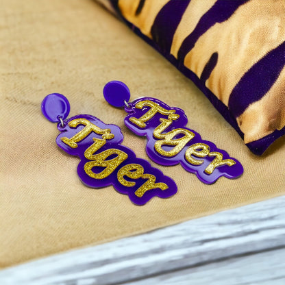 Tiger Earrings - Tiger Earrings, College Football Earrings, Words Earrings, Purple and Gold, Football, Handmade Earrings, Louisiana