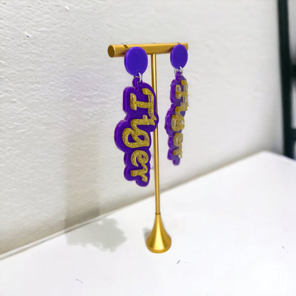 Tiger Earrings - Tiger Earrings, College Football Earrings, Words Earrings, Purple and Gold, Football, Handmade Earrings, Louisiana