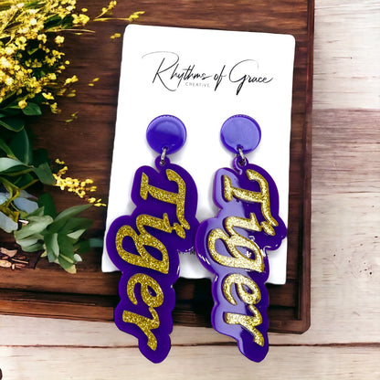 Tiger Earrings - Tiger Earrings, College Football Earrings, Words Earrings, Purple and Gold, Football, Handmade Earrings, Louisiana