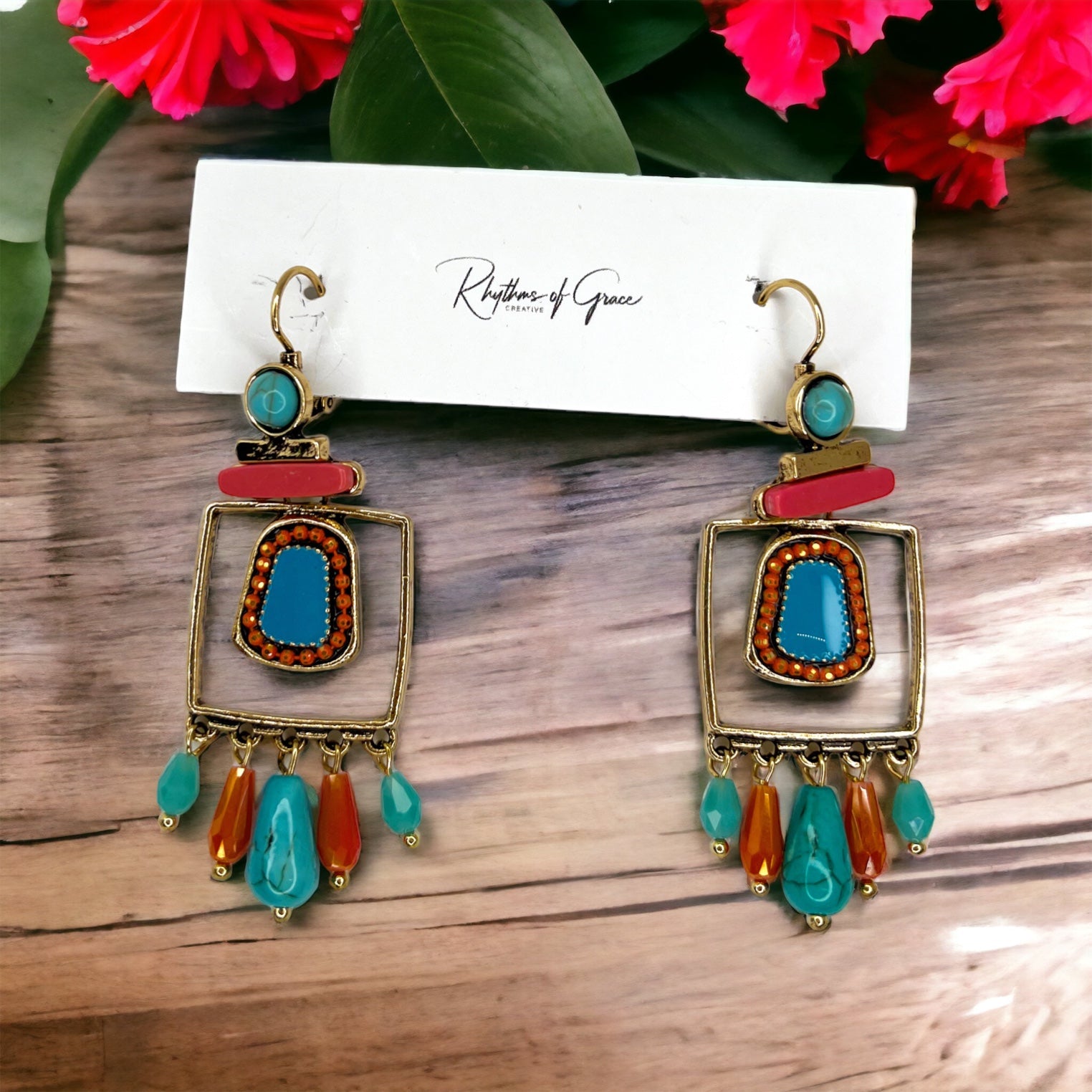 Boho Stone Earrings - Blue Green Stones, Teal and Blue, Boho Earrings - Rhythms of Grace Creative