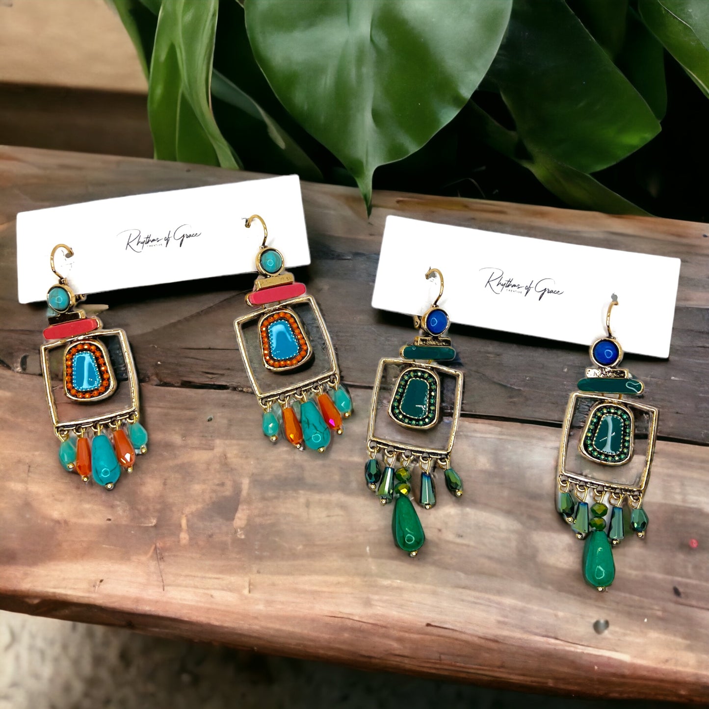 Boho Stone Earrings - Blue Green Stones, Teal and Blue, Boho Earrings - Rhythms of Grace Creative