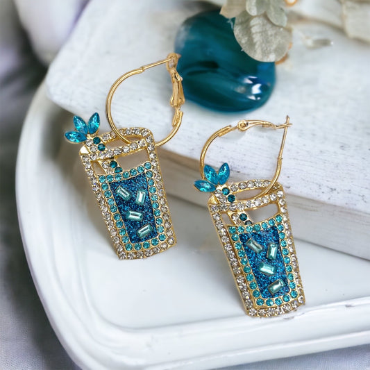 Rhinestone Drink Earrings - Handmade Jewelry, Drink Jewelry, Beach Accessories, Handmade Earrings, Happy Hour, Cocktail Earrings, Blue Drink - Rhythms of Grace Creative