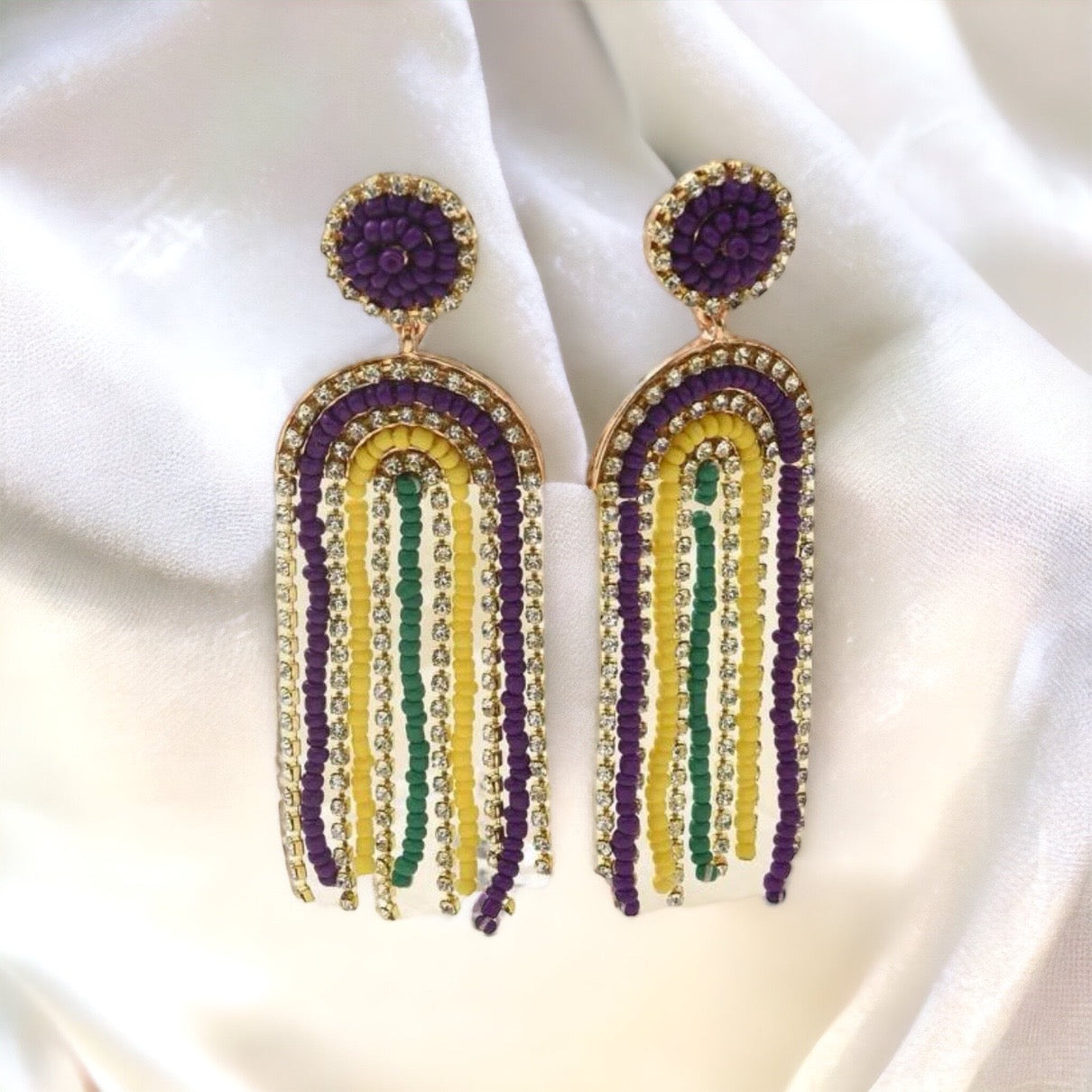 Beaded Mardi Gras Earrings - New Orleans Earrings, NOLA Jewelry, Purple Green Gold, Beaded Jewelry, Mardi Gras Jewelry, Mardi Gras Earrings - Rhythms of Grace Creative