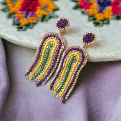 Beaded Mardi Gras Earrings - New Orleans Earrings, NOLA Jewelry, Purple Green Gold, Beaded Jewelry, Mardi Gras Jewelry, Mardi Gras Earrings - Rhythms of Grace Creative
